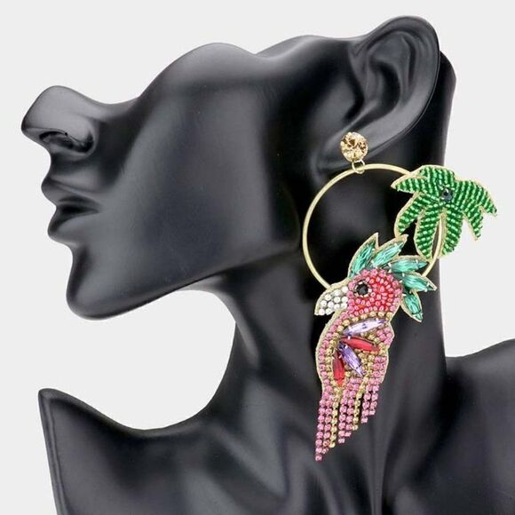Parrot Open Metal Circle Palm Tree Dangle Earrings - Picture 7 of 7